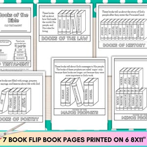 Puede incluir: Un conjunto de siete p&aacute;ginas de libro desplegables en blanco y negro, impresas en p&aacute;ginas de 15,2 x 21,6 cm. Las p&aacute;ginas se titulan "Libros de la Biblia" y cubren el Antiguo Testamento, incluidos los libros de la Ley, la Historia, la Poes&iacute;a y los Profetas.