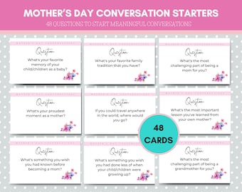 Op de afbeelding: 48 gesprekskaarten met roze bloemmotieven. Elke kaart bevat een vraag om betekenisvolle gesprekken voor Moederdag te stimuleren. De kaarten zijn gedrukt op wit karton met zwarte tekst.