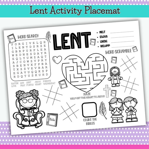Lent Coloring Placemat, Printable Ash Wednesday Activity Mat, Easter Table Activity, Printable Kids Activity Placemat