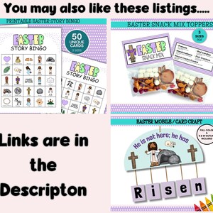 May include: Printable Easter Story Bingo game with 50 unique cards, Easter Snack Mix Toppers with 3 sizes, and an Easter Mobile/Card Craft with a full color and black and white outline included. The mobile features the text "He is not here: he has risen".