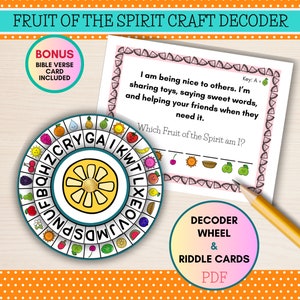 May include: A printable craft activity for kids to learn about the Fruits of the Spirit. The activity includes a decoder wheel with a colorful fruit design and a riddle card with a watermelon border. The riddle card asks "I am being nice to others. I'm sharing toys, saying sweet words, and helping your friends when they need it. Which Fruit of the Spirit am I?"
