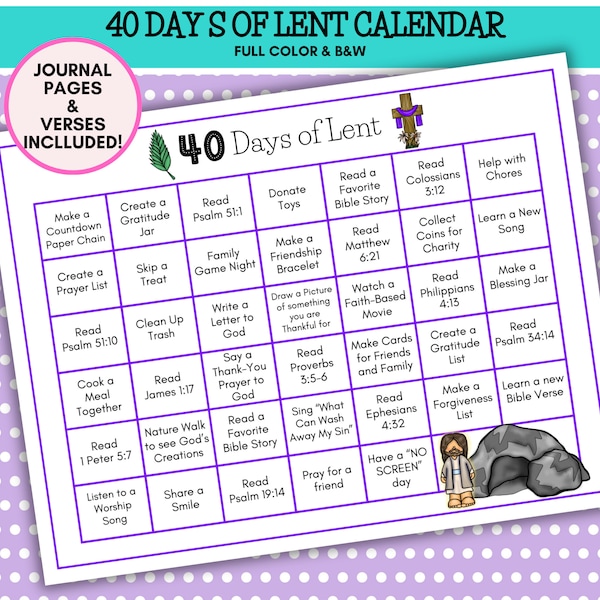 40 Days of Lent Calendar for Kids, Lent Journal for Kids, Printable Lent Activity Calendar, Christian Preschool, Homeschool, VBS