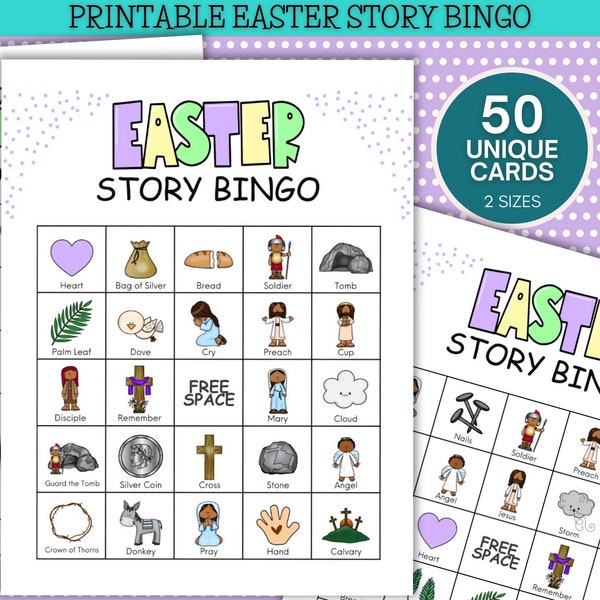 50 Card Printable Easter Story Bingo, Resurrection Bingo, Easter Bible Games for Kids, Christian Preschool Printables, Sunday School