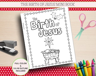 Libro infantil imprimible sobre el nacimiento de Jesús, ideal para la escuela dominical, preescolar cristiano y manualidades bíblicas.