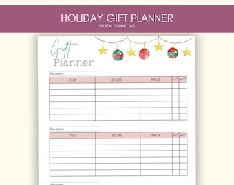 May include: Printable holiday gift planner with a festive design featuring a string of Christmas lights with red and green ornaments. The planner includes sections for recipient, item, store, price, and whether the gift has been bought and wrapped.