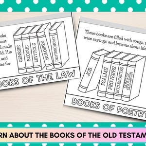 Puede incluir: Dos ilustraciones en blanco y negro de libros. Una muestra los "Libros de la Ley" con t&iacute;tulos como G&eacute;nesis y &Eacute;xodo. La otra muestra los "Libros de Poes&iacute;a" con t&iacute;tulos como Salmos y Proverbios. El texto en la parte inferior dice "Aprende sobre los libros del Antiguo Testamento".