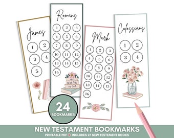 May include: Set of 24 printable bookmarks featuring New Testament books. Each bookmark has a floral design and a numbered list of chapters for the corresponding book. The books included are James, Romans, Mark, and Colossians.