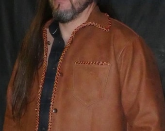 Men's Motorcycle jacket Western Style Braided Biker Brown Real Thick Cow Leather Jacket