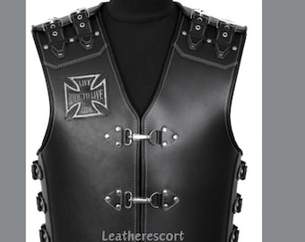 Men's Black Cowhide Leather Biker Vest: Live to Ride, Wolf Embossed