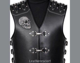 Skull Embossed Black Leather Biker Vest - 3MM Cowhide Club Style