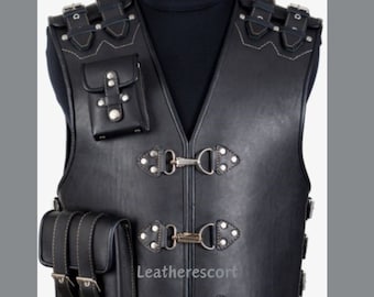 Black Cowhide Leather Biker Vest: 3MM Thick Motorcycle Club Vest
