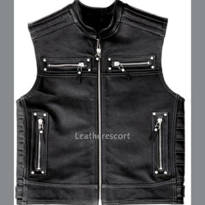 New Men&#39;s Leather Vest, Biker Vest, Club Motorcycle Vest, Black Genuine Cowhide Leather vest