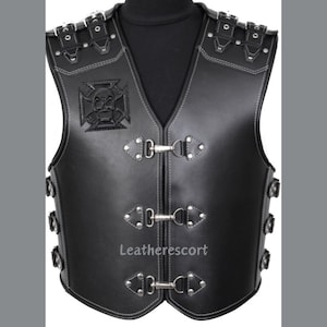 Men&#39;s Thick Leather Vest, Biker Vest, Motorcycle Style Black Biker Shadow Skull Embossed Genuine Cow Leather Vest