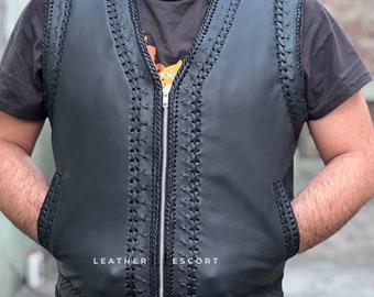New Men's Black Leather vest for bikers Custom Motorcycle Vest Hand braided vest 100% handcrafted vest Real Cowhide Leather vest