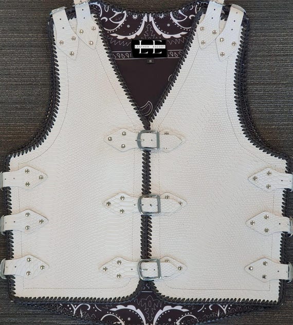 Men’s White Snake Embossed Leather Biker Vest | Cowhide Western Buckle Vest | Handmade Braided Motorcycle Riding Vest | Custom Leather Vest