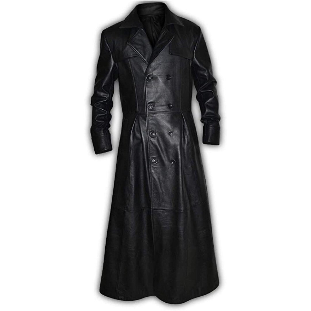 New Men's Black Long Trench Coat, Genuine Sheepskin Leather Coat