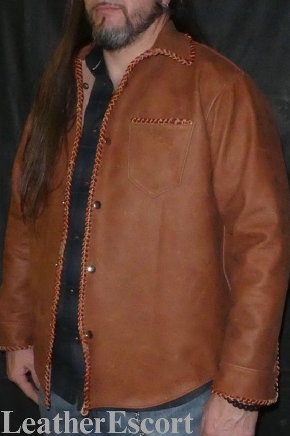 Men's Motorcycle jacket Western Style Braided Biker Brown Real Thick Cow Leather Jacket