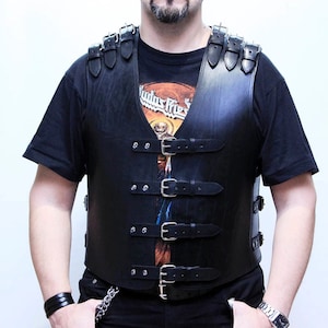 New Men&#39;s Motorcycle Vest, Leather Vest, Biker Vest, Custom Club style Black Heavy Buckled 3MM Real Cow Leather vest