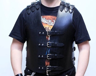 Men's Black Cowhide Leather Motorcycle Vest: Buckled Biker Club Style