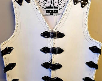 Braided White Cowhide Leather Vest: Western Biker Style
