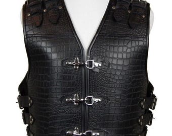 New Men's Alligator Embossed 3mm Thick leather vest, Motorcycle Style Biker Genuine Black Leather Vest