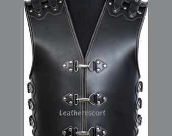 Men's Biker 3MM Thick Leather Vest Custom Buckled Motorcycle Vest Real Black Cowhide Leather Vest