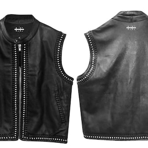 Men&#39;s Biker Vest, Motorcycle Vest, Western Style Braided 100% Hand Crafted Vest, Black Real Cowhide Leather Vest