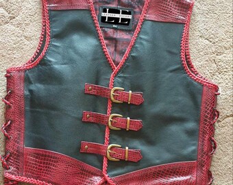 Men’s Black & Red Crocodile Embossed Cowhide Leather Biker Vest | Handmade Motorcycle Club Vest | Side Laces Buckle Closure Riding Vest