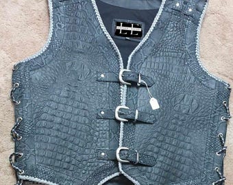 Embossed Alligator Leather Biker Vest: Handmade Braided Cowhide