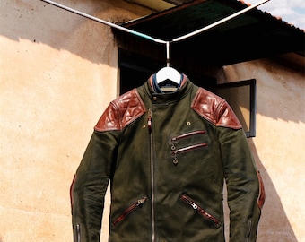 Men's Brown Cowhide Leather Biker Jacket - Green Waxed Canvas Trim