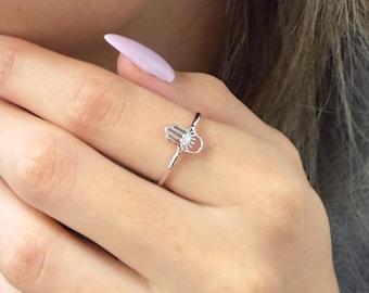 Anillo de mano de Hamsa de oro amarillo de 14 quilates, joyería protectora contra el mal de ojo con diamantes