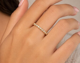 14K Gold Diamond Half Eternity Ring, Dainty Stackable Band, Round Diamond Wedding Ring