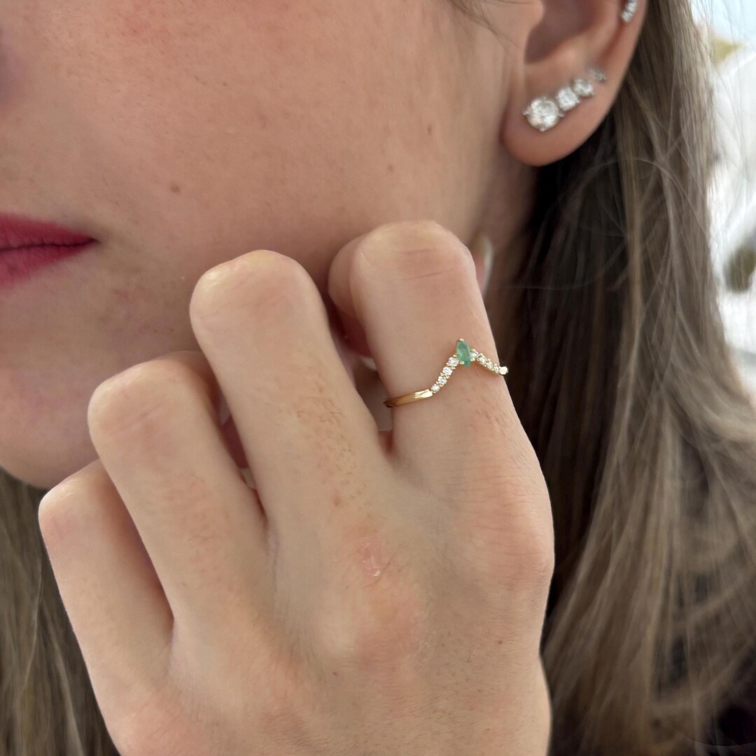 14K Yellow Gold Marquise Emerald Diamond Ring | May Birthstone, Gift ...