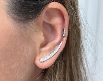 14K White Gold Diamond Climber Earrings | Round Cut Natural Diamond Ear Crawlers, Gift for Mom