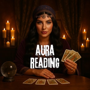 Könnte beinhalten: Bild mit dem Text "AURA READING". Eine Frau in einem lila Samtgewand und Kopftuch hält Tarotkarten. Eine Kristallkugel liegt auf einem Holztisch, umgeben von brennenden Kerzen, was eine mystische Atmosphäre schafft.
