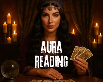 May include: An image with the text "AURA READING". A woman in a purple velvet robe and headscarf holds tarot cards. A crystal ball sits on a wooden table, surrounded by lit candles, creating a mystical atmosphere.