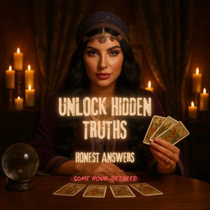 May include: A woman with long dark hair and a headscarf sits at a wooden table, holding tarot cards. The image features the text "UNLOCK HIDDEN TRUTHS" and "HONEST ANSWERS". A crystal ball and lit candles are also visible.