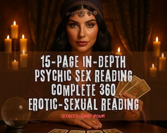 May include: A woman with dark hair and a headscarf is seated at a table, holding tarot cards. The image features text that reads "15-PAGE IN-DEPTH PSYCHIC SEX READING COMPLETE 360 EROTIC-SEXUAL READING". Candles and a crystal ball are also visible.