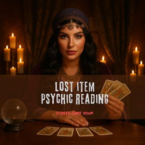 May include: An image featuring a woman with long dark hair, wearing a headscarf and jewelry, holding tarot cards. The text "LOST ITEM PSYCHIC READING" is displayed. Lit candles and a crystal ball are also visible.