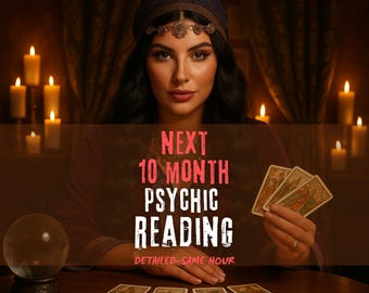 Puede incluir: Imagen promocionando una lectura psíquica. El texto dice "Next 10 Month Psychic Reading, Detailed - Same Hour". Una mujer sostiene cartas del tarot, con una bola de cristal y velas encendidas.