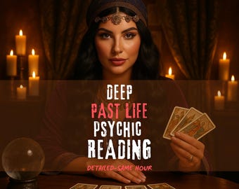May include: A woman with dark hair and a headscarf holds tarot cards. The image features the text "DEEP PAST LIFE PSYCHIC READING" and "DETAILED - SAME HOUR". Lit candles and a crystal ball are also visible, creating a mystical atmosphere.
