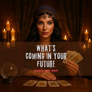 May include: A woman with dark hair and a headscarf sits at a wooden table, holding tarot cards. The image includes the text "WHAT'S COMING IN YOUR FUTURE" and "DTAILED-SAME HOUR". Lit candles and a crystal ball are also visible.