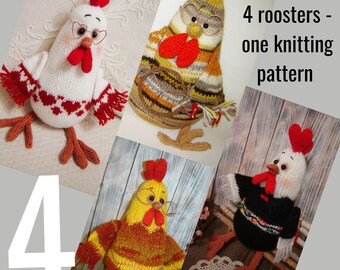 Toy knitting patterns Knit 4 Roosters in one pattern, easy knitting, chicken toy, chicken rooster decor for chicken lover, chicken amigurumi