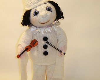 Pierrot doll Handmade Art Doll Pierrot in White Suit with Violin, pierrot figurine, Doll Clothes, Pierrot clown doll
