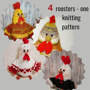 Toy knitting patterns Knit 4 Roosters in one pattern, easy knitting, chicken toy, chicken rooster decor for chicken lover, chicken amigurumi