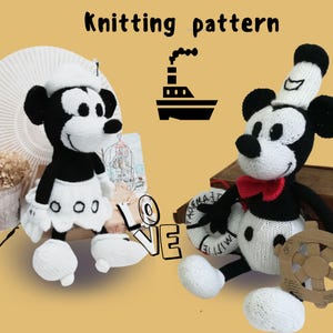 May include: Knitting pattern for two black and white Mickey Mouse inspired plush toys. One toy is wearing a sailor hat and holding a ship's wheel. The other toy is wearing a sailor hat and a white skirt.
