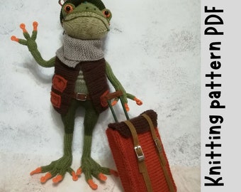 Knittting pattern cute frog doll, knit a frog plushie gift for a travel lover, frog art doll for a collector, stuffed frog for nursery decor