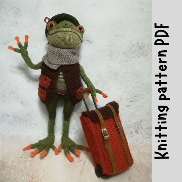 Knittting pattern cute frog doll, knit a frog plushie gift for a travel lover, frog art doll for a collector, stuffed frog for nursery decor