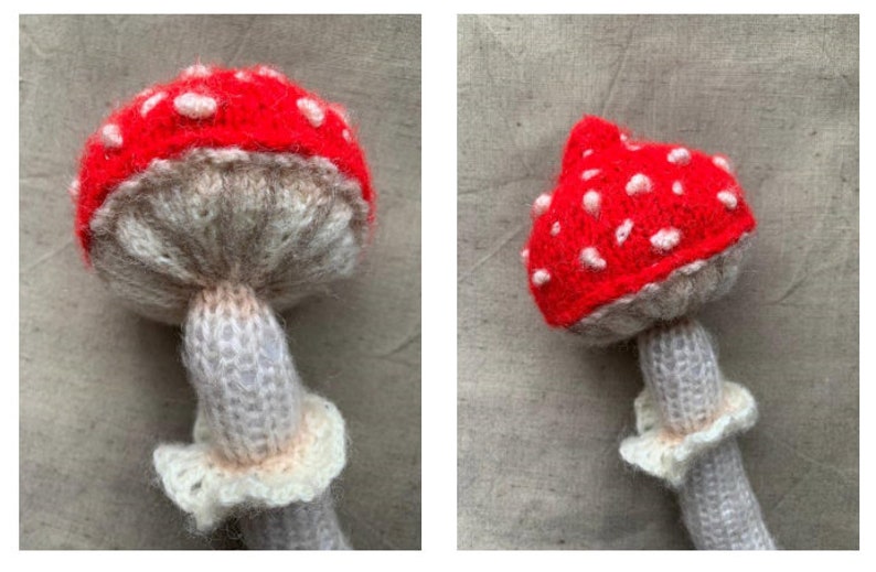 Pu&ograve; includere: Giocattolo a forma di fungo lavorato a mano con un cappello rosso a pois bianchi. Il fungo ha un gambo grigio e un volant bianco alla base del cappello. Il giocattolo &egrave; fatto di filato morbido ed &egrave; un oggetto decorativo stravagante.