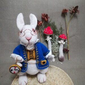 Pu&ograve; includere: Bambola di coniglio bianco fatta a mano con una giacca blu con finiture dorate, un gilet dorato e occhiali rotondi. Il coniglio tiene in mano un orologio da tasca ed &egrave; vicino a decorazioni di funghi rossi e bianchi. La bambola &egrave; su un tappetino intrecciato.